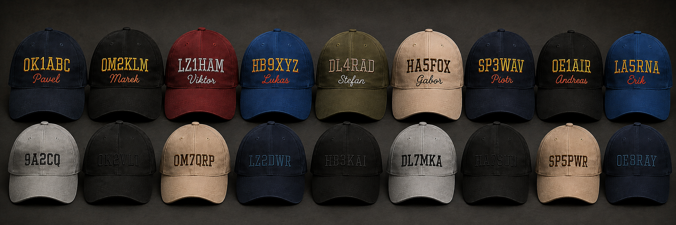 Eighteen premium Classic and Signature HamCaps with European callsigns, including Erik